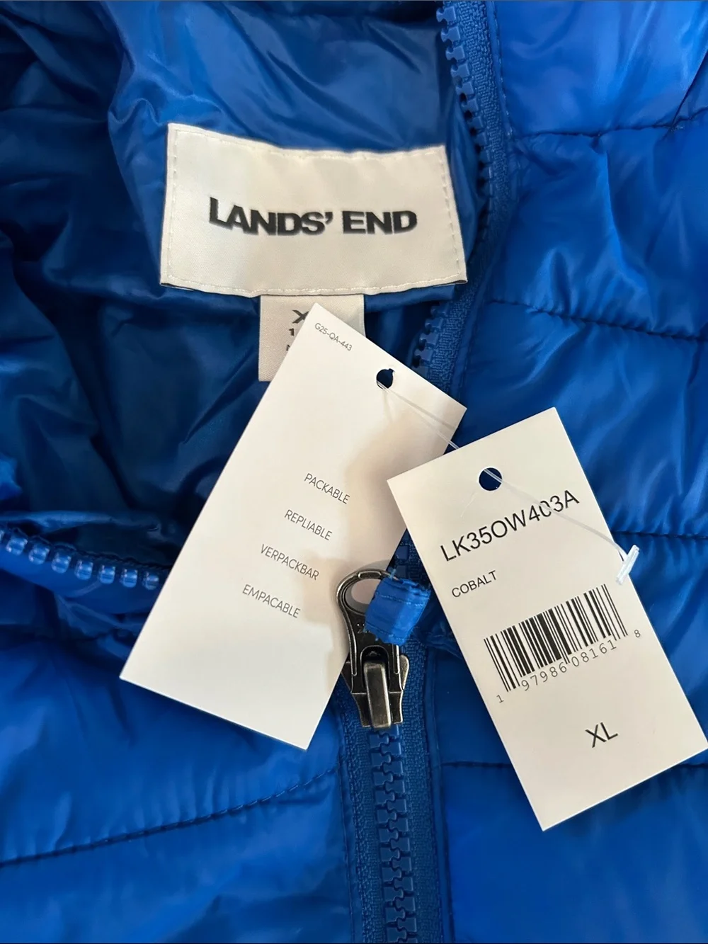 Lands' End Kids Packable Hooded Down Puffer Jacket Coat, BLUE, Size Boys XL, NWT